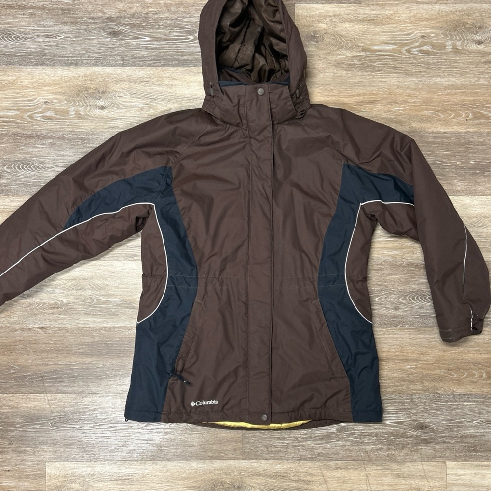 Columbia Hooded Ski/Snowboard Jacket Womens Medium Brown/Black/Yellow